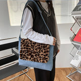 Women Denim Shoulder Bag with Leopard Print Design