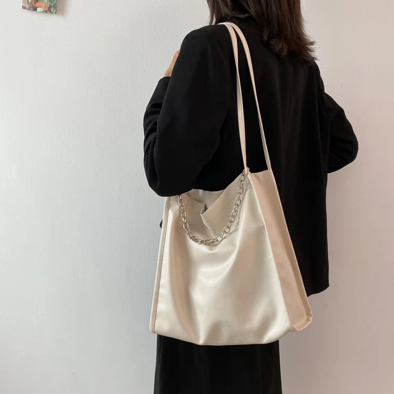 Women Chains Solid PU Leather Underarm Bag Large Capacity Handbag