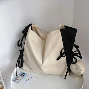 Shoulder Bags Women Patchwork Bow Sweet Large Capacity Shopping Canvas Bag