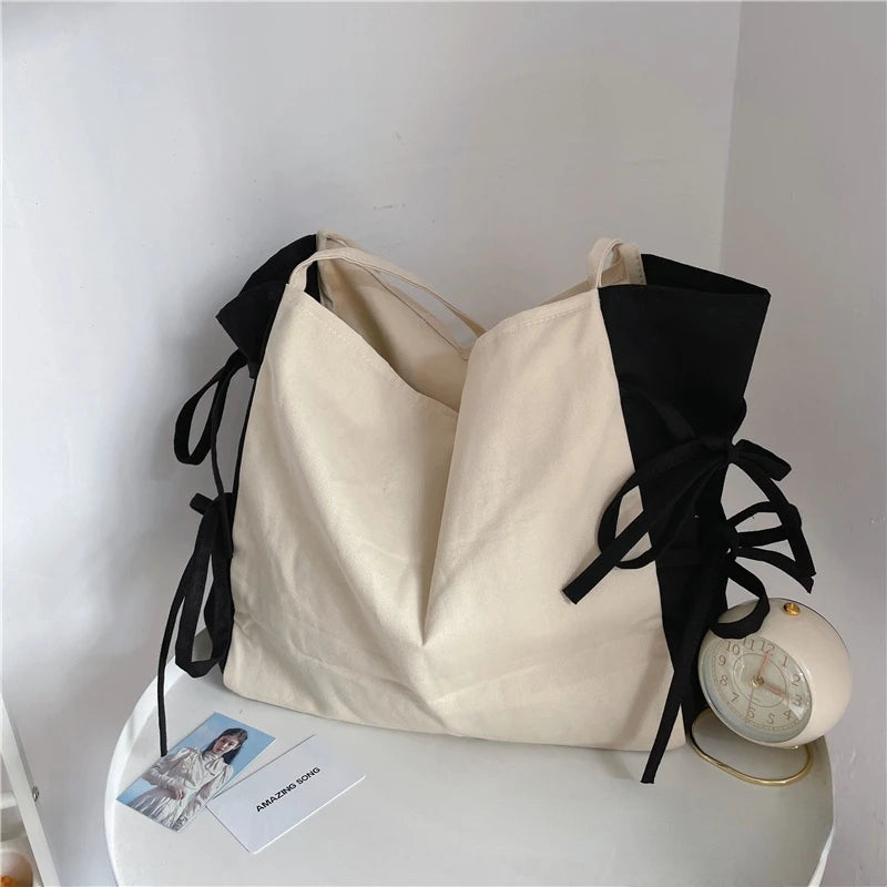 Shoulder Bags Women Patchwork Bow Sweet Large Capacity Shopping Canvas Bag