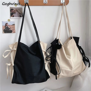 Shoulder Bags Women Patchwork Bow Sweet Large Capacity Shopping Canvas Bag