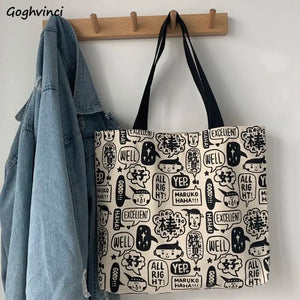 Women Cartoon Printed Canvas Shoulder Bag Large Capacity Bookbag