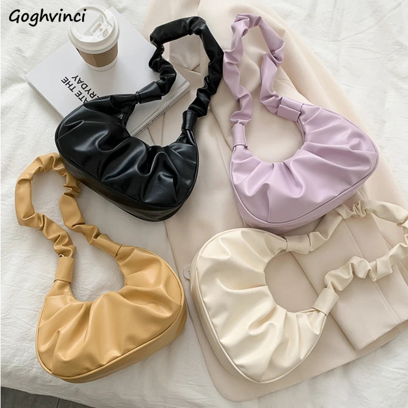 Shoulder Bags Women Ruched Hobos Solid All-match 4 Vintage