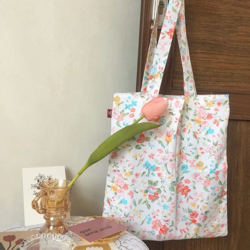 Floral Canvas Shoulder Bag Large Capacity Vintage Tote