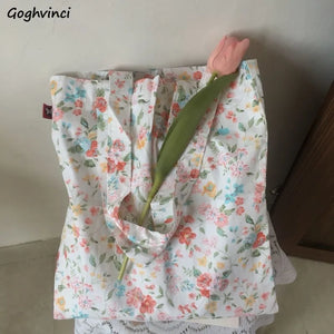 Floral Canvas Shoulder Bag Large Capacity Vintage Tote