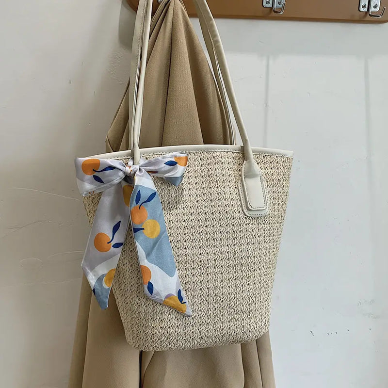 Large Capacity Shoulder Bags Women Straw Patchwork Zipper Totes Beach