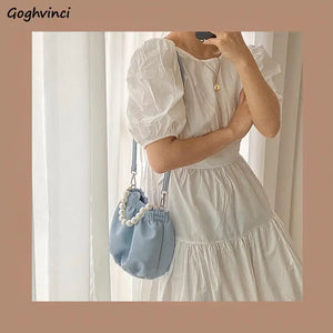 Shoulder Bags Women Bucket Bag Soft PU Leather Pearls Cross-body Handbags