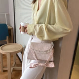 Shoulder Bags Women PU Leather Lace Bow Sweet Ladies Flaps Vintage Chain-bag