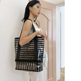 Women PVC Striped Shoulder Bag Large Capacity Makeup Storage Handbag