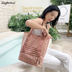 Women PVC Striped Shoulder Bag Large Capacity Makeup Storage Handbag