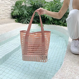 Women PVC Striped Shoulder Bag Large Capacity Makeup Storage Handbag