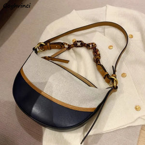 Vintage Style Shoulder Bag Women Patchwork Half Moon Zipper