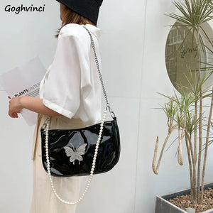Women Patent Leather Butterfly Diamonds Flaps Texture Pearls Handbag