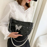 Women Patent Leather Butterfly Diamonds Flaps Texture Pearls Handbag