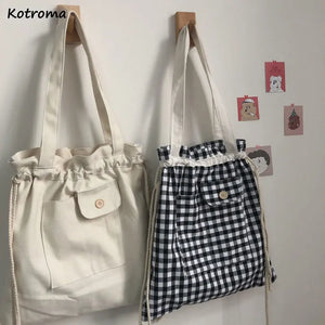 Plaid Canvas Shoulder Bag for Women Eco-friendly Lunch Bag