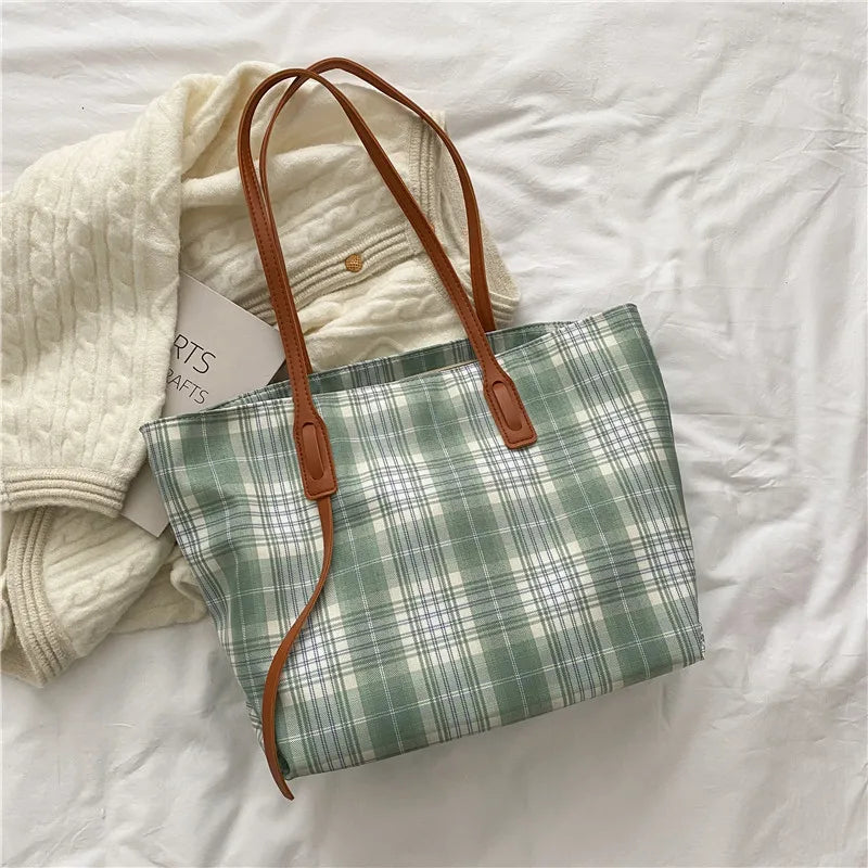 Plaid Zipper Vintage Shoulder Bag Women Large Capacity Casual Tote