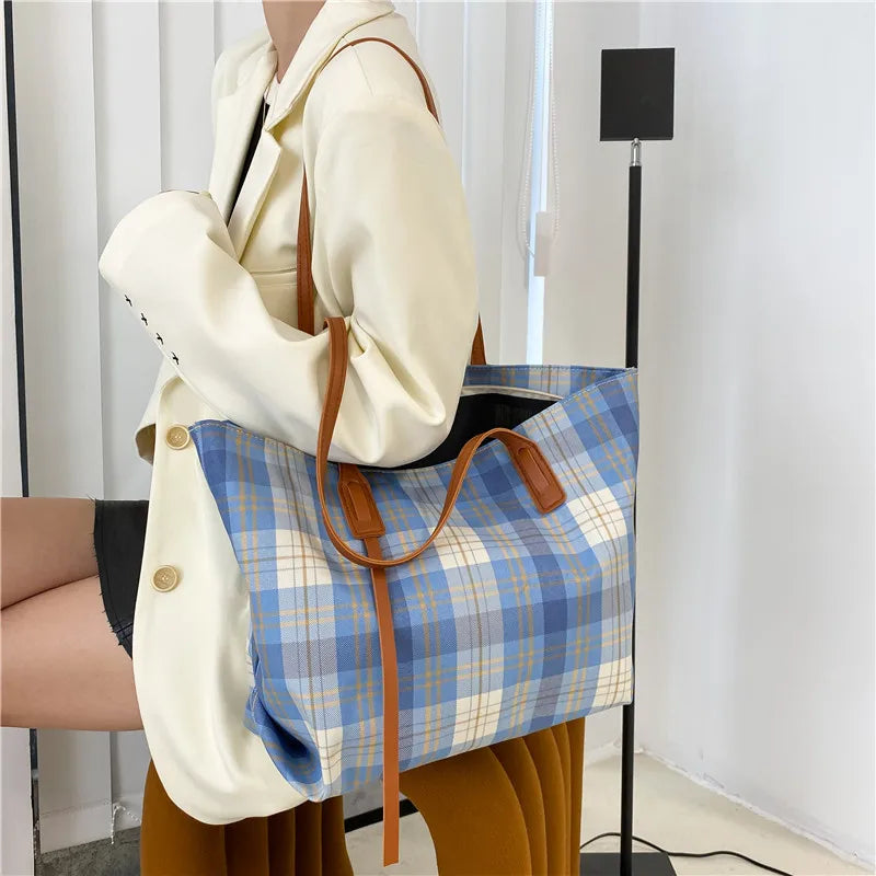 Plaid Zipper Vintage Shoulder Bag Women Large Capacity Casual Tote