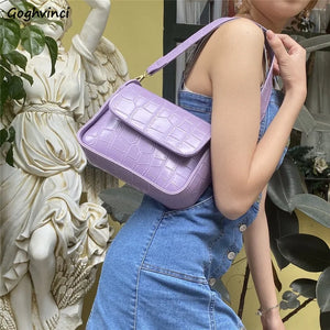 Women Purple Shoulder Bag Crocodile Pattern Handbag Streetwear PU Leather