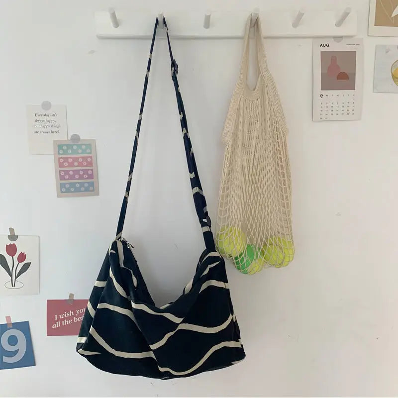 Shoulder Bags Women Striped Zipper Large Capacity Canvas Crossbody Bag