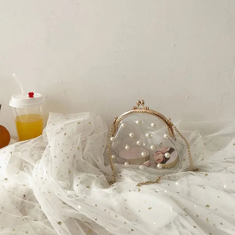 Women Transparent PVC Jelly Bag Chain Pearls Cross-body