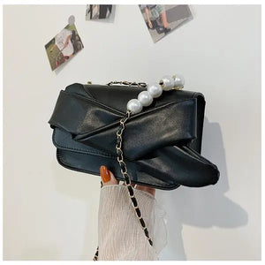 Pearls Chain Shoulder Bag Lady Cross Body Bow Flap PU Leather