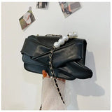 Pearls Chain Shoulder Bag Lady Cross Body Bow Flap PU Leather
