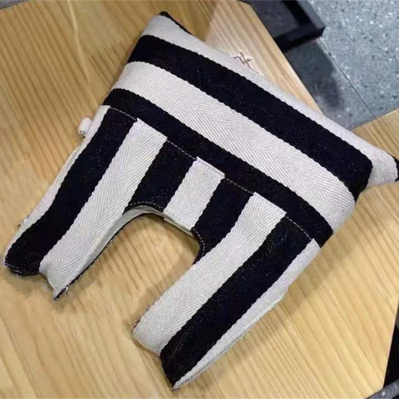 Vintage Striped Canvas Shoulder Bag with Pearls Beading