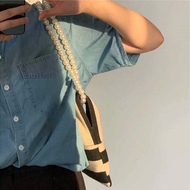 Vintage Striped Canvas Shoulder Bag with Pearls Beading