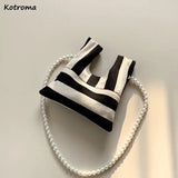 Vintage Striped Canvas Shoulder Bag with Pearls Beading