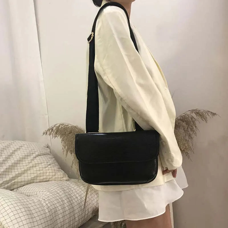 Shoulder Bags Women Wide Cross-body Thread PU Leather Flaps Vintage Handbag