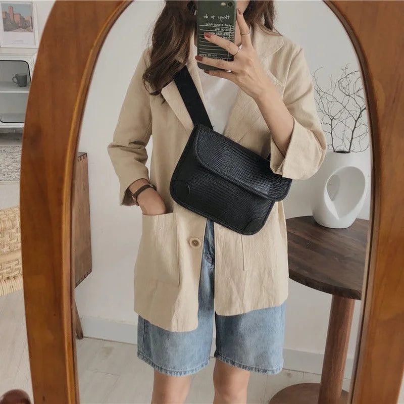 Shoulder Bags Women Wide Cross-body Thread PU Leather Flaps Vintage Handbag