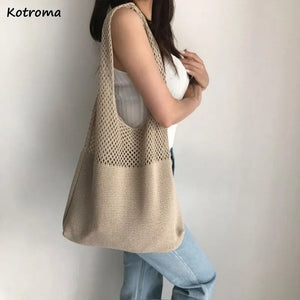 Women Wool Knitted Shoulder Bag Large Capacity Tote Eco Portable Vintage