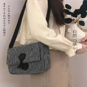Plaid Vintage Woolen Shoulder Bag Horn Button Fall Winter Cross-body Tote