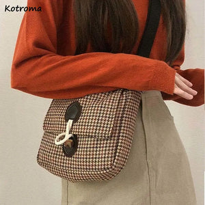 Plaid Vintage Woolen Shoulder Bag Horn Button Fall Winter Cross-body Tote