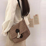 Plaid Vintage Woolen Shoulder Bag Horn Button Fall Winter Cross-body Tote