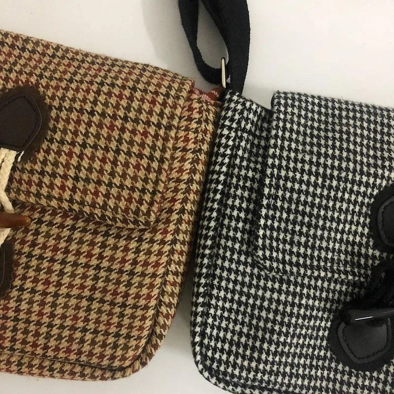 Plaid Vintage Woolen Shoulder Bag Horn Button Fall Winter Cross-body Tote