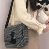 Plaid Vintage Woolen Shoulder Bag Horn Button Fall Winter Cross-body Tote