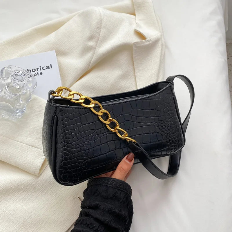 Women's Crocodile Pattern Shoulder Bag with Zip