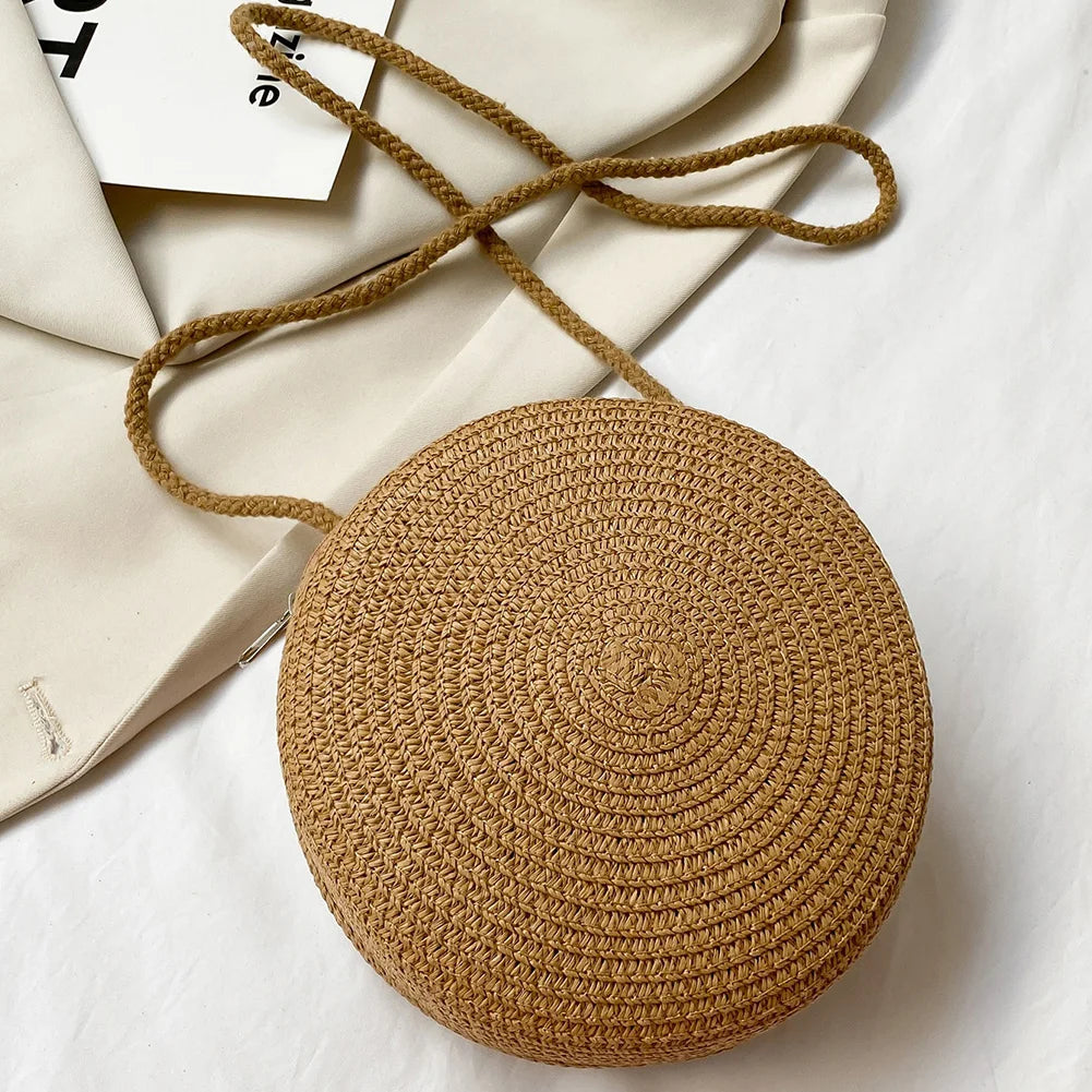 Circle Casual Handbags Vintage Women Woven Pure Shoulder Bag