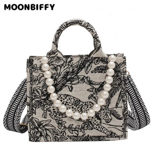 Shoulder Handbag Women Jacquard Embroidery Canvas Tote Bags