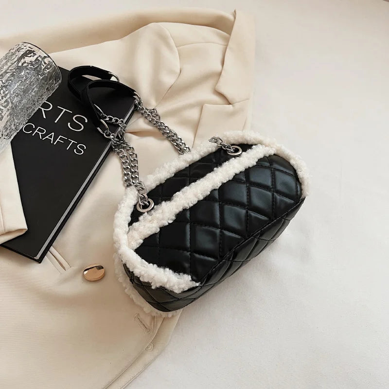 Winter Velvet Chain Shoulder Bag Small PU Leather Handbag