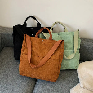 Corduroy Tote Shoulder Bag for Women Large Capacity Winter Soft Solid Messenger
