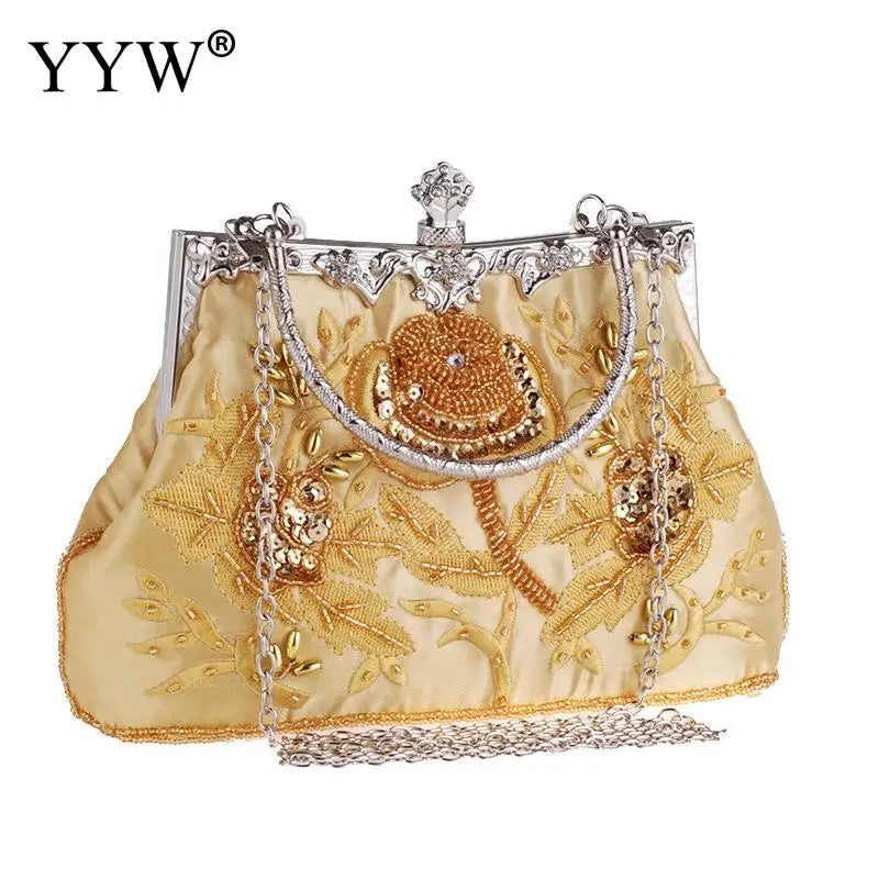 Embroidered Silk Evening Party Clutch Handbag with Floral Design