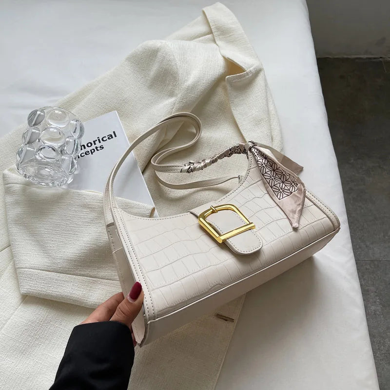 Silk Scarf Shoulder Sling Bags for Women Lady Stone Pattern Leath