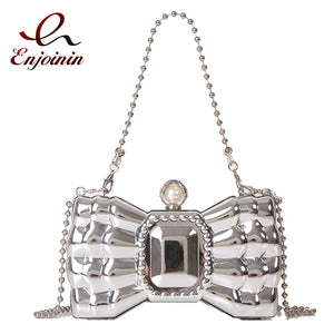 Silver Bow Shaped Party Clutch for Women Wedding Evening Bag