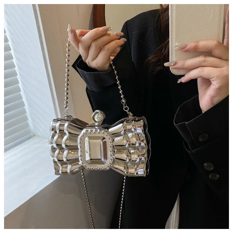 Silver Bow Shaped Party Clutch for Women Wedding Evening Bag