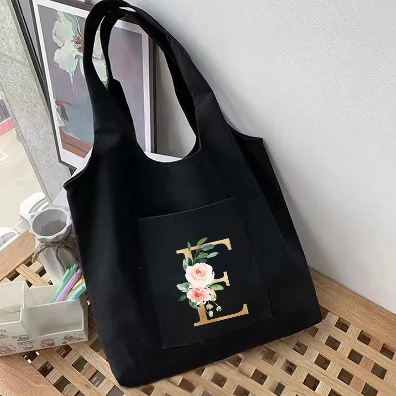 Silver Letter Woman Shopping Bag Reusable Grocery Bag Foldable Tote