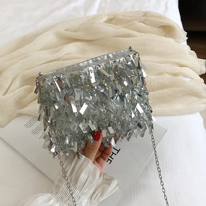 Silver Sequin Rhinestone Tassel Crossbody Clutch Handbag