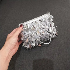 Silver Sequin Women's Shoulder Bags Tassel Chain Ladies Dinner Party Clutch