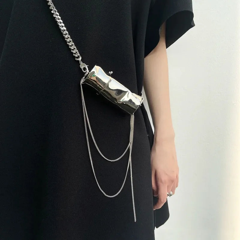 Silver Lipstick Bag, Mini Cylinder Shoulder Bag